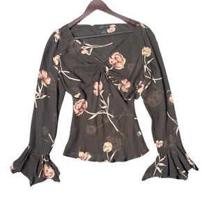 Women’s Brown Sheer Floral Bell Sleeve Top
